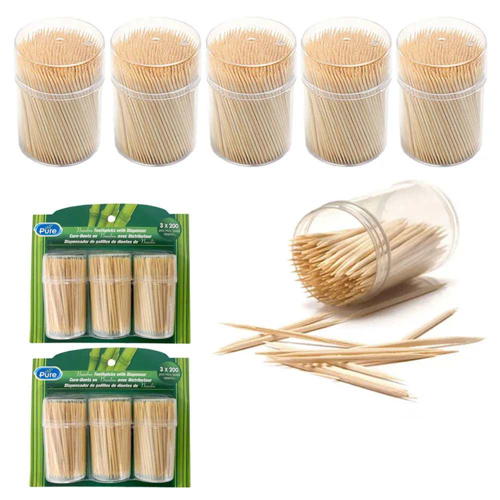 1200 Wooden Round Toothpicks Oral Dental Care 8Pk Holder Barware Portable Camp