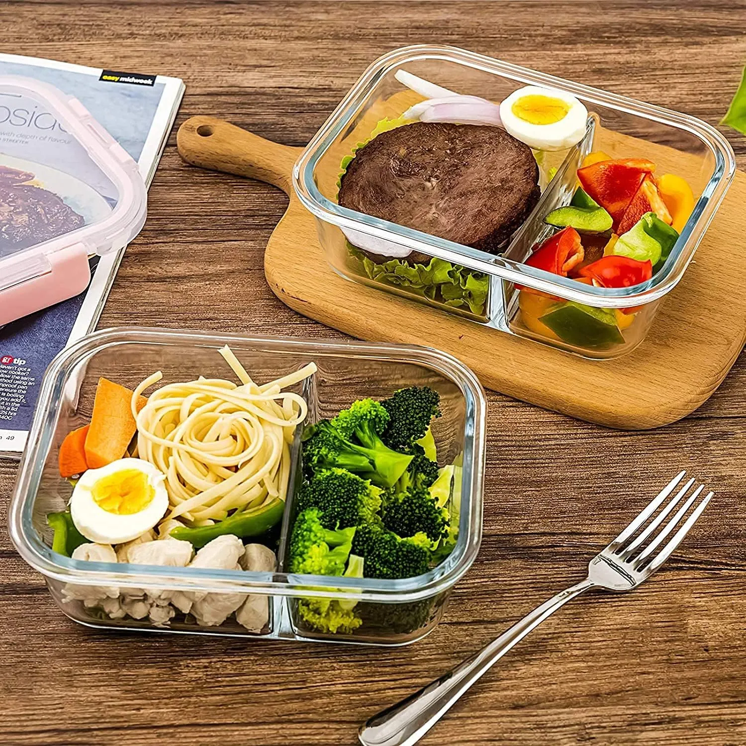FINSTER Glass Premium Air Vent Lid Lunch Food Storage Containers with 2 Compartment, 1000ml, Transparent, Healthy Office Meal Box for Adult, Microwave, Oven, Dishwasher & Freezer Safe,BPA Free