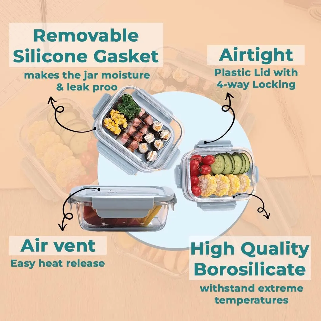FINSTER Glass Premium Air Vent Lid Lunch Food Storage Containers with 2 Compartment, 1000ml, Transparent, Healthy Office Meal Box for Adult, Microwave, Oven, Dishwasher & Freezer Safe,BPA Free