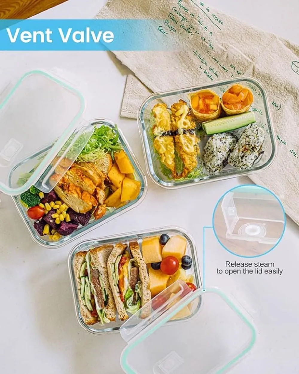 FINSTER Glass Premium Air Vent Lid Lunch Food Storage Containers with 2 Compartment, 1000ml, Transparent, Healthy Office Meal Box for Adult, Microwave, Oven, Dishwasher & Freezer Safe,BPA Free