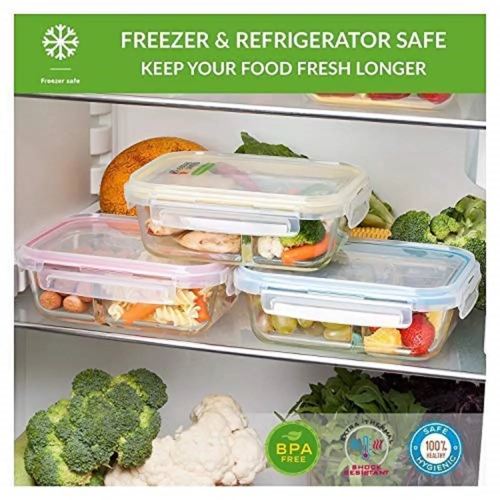 FINSTER Glass Premium Air Vent Lid Lunch Food Storage Containers with 2 Compartment, 1000ml, Transparent, Healthy Office Meal Box for Adult, Microwave, Oven, Dishwasher & Freezer Safe,BPA Free