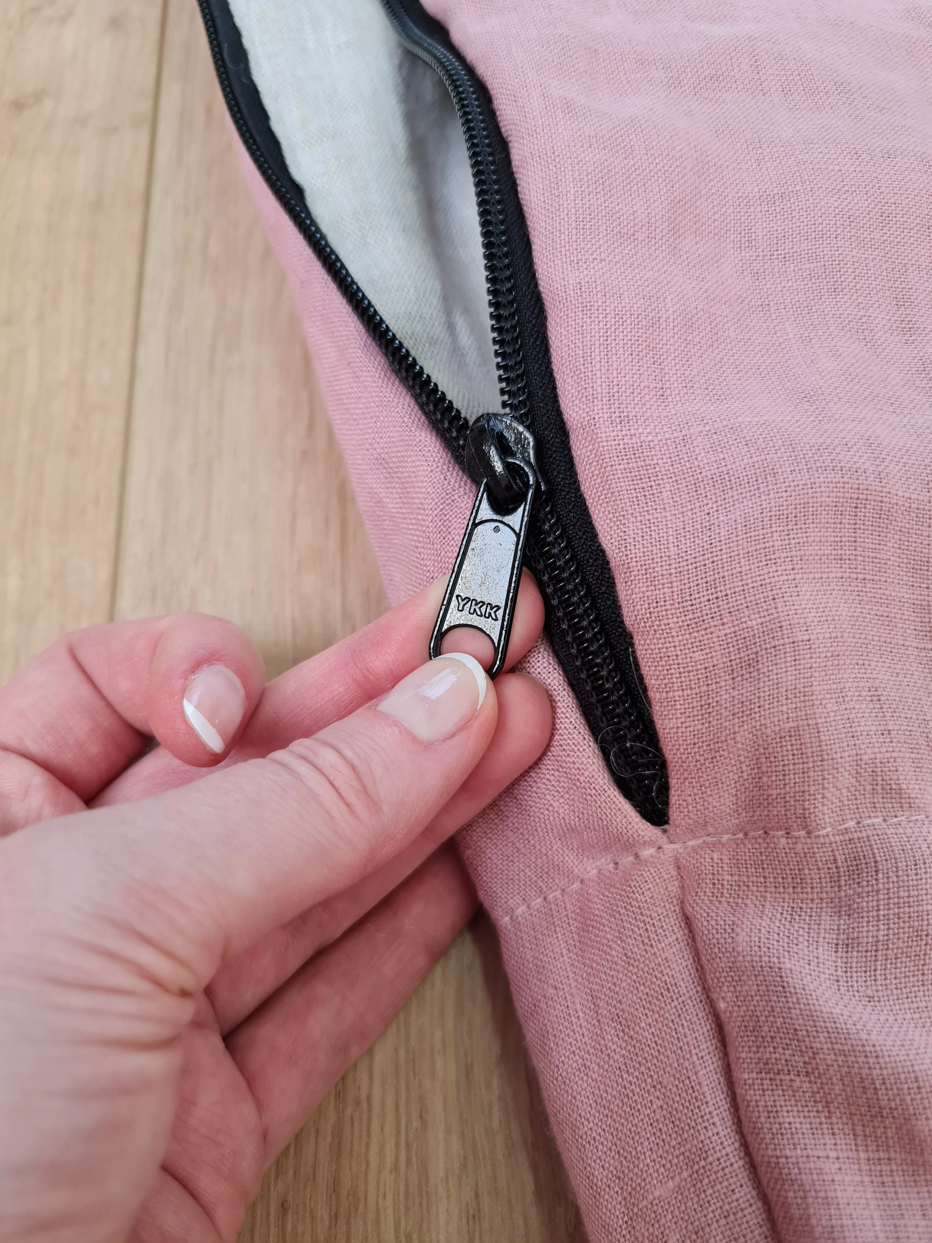 HEMP natural Sleeping bag with hood organic hemp fiber filling inside in linen non-dyed   pink fabric hand made