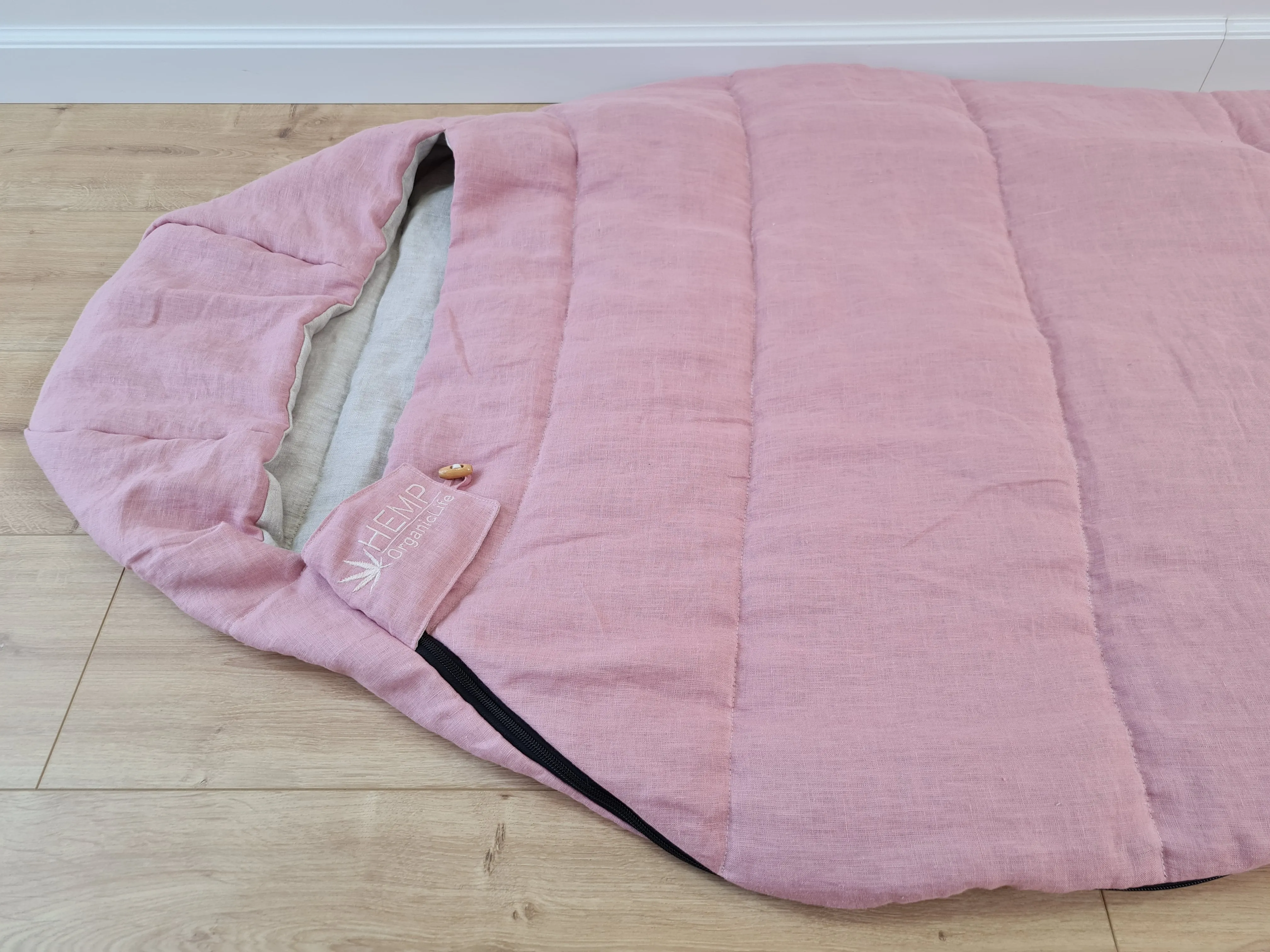 HEMP natural Sleeping bag with hood organic hemp fiber filling inside in linen non-dyed   pink fabric hand made