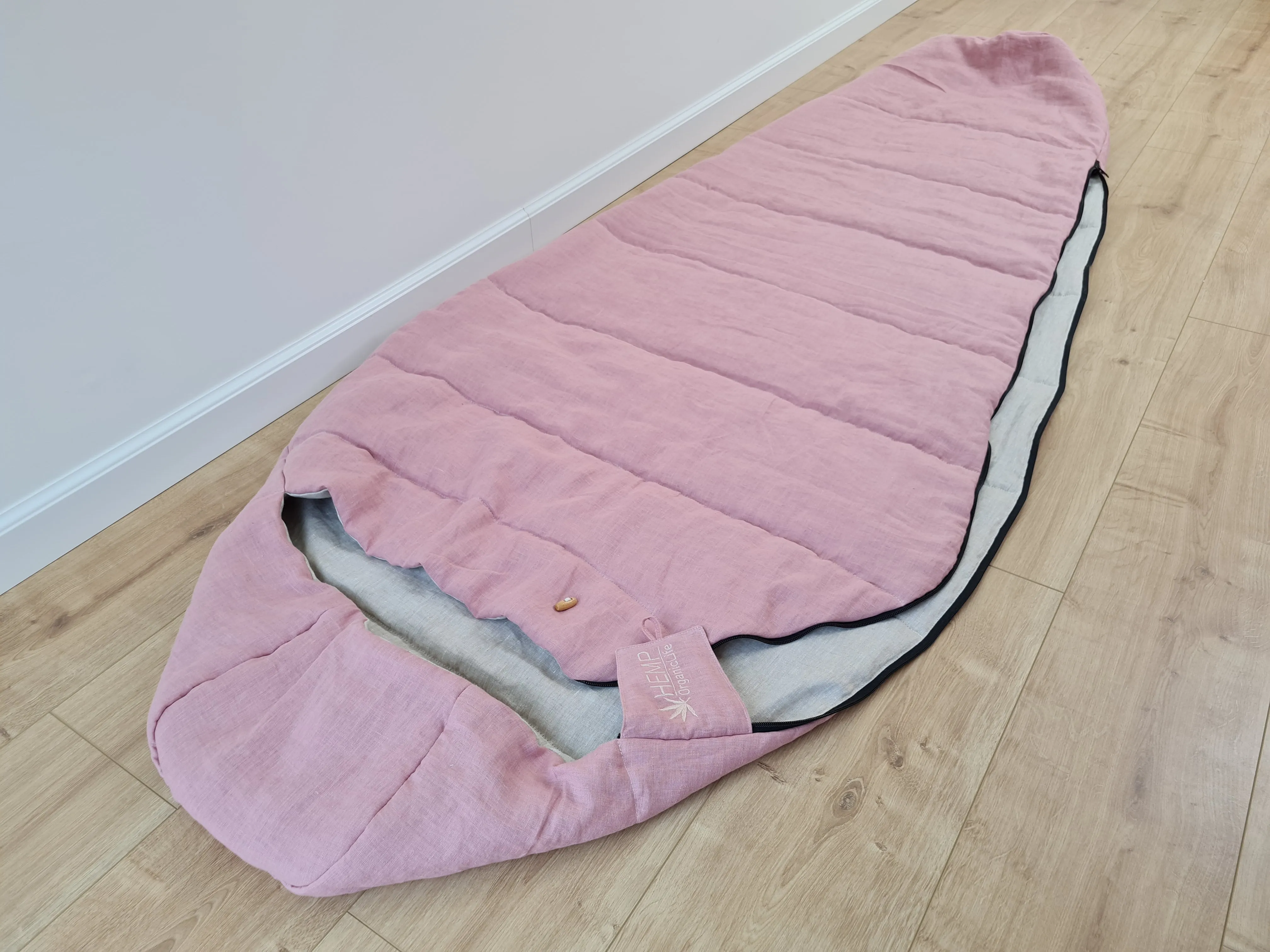 HEMP natural Sleeping bag with hood organic hemp fiber filling inside in linen non-dyed   pink fabric hand made