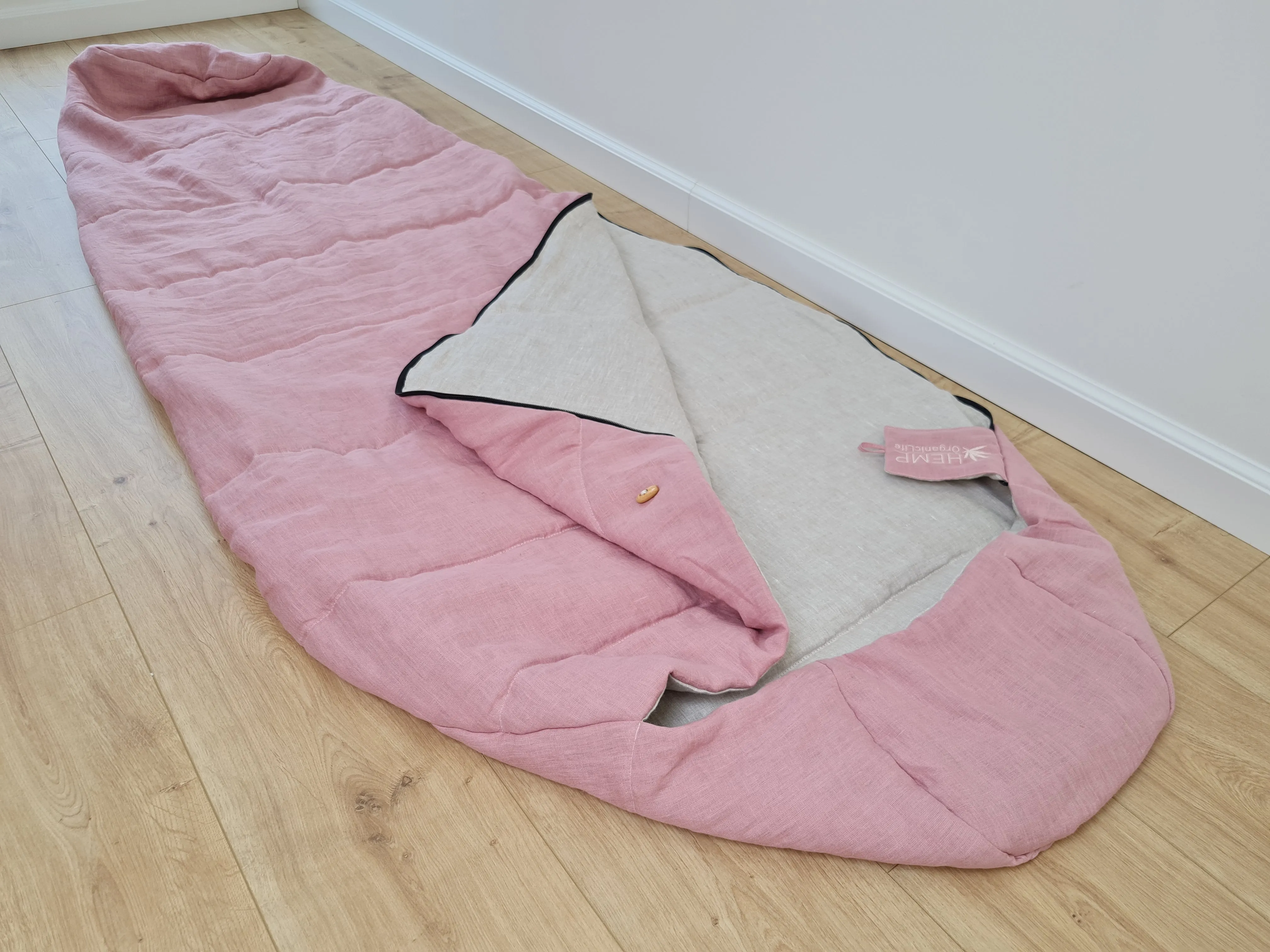 HEMP natural Sleeping bag with hood organic hemp fiber filling inside in linen non-dyed   pink fabric hand made