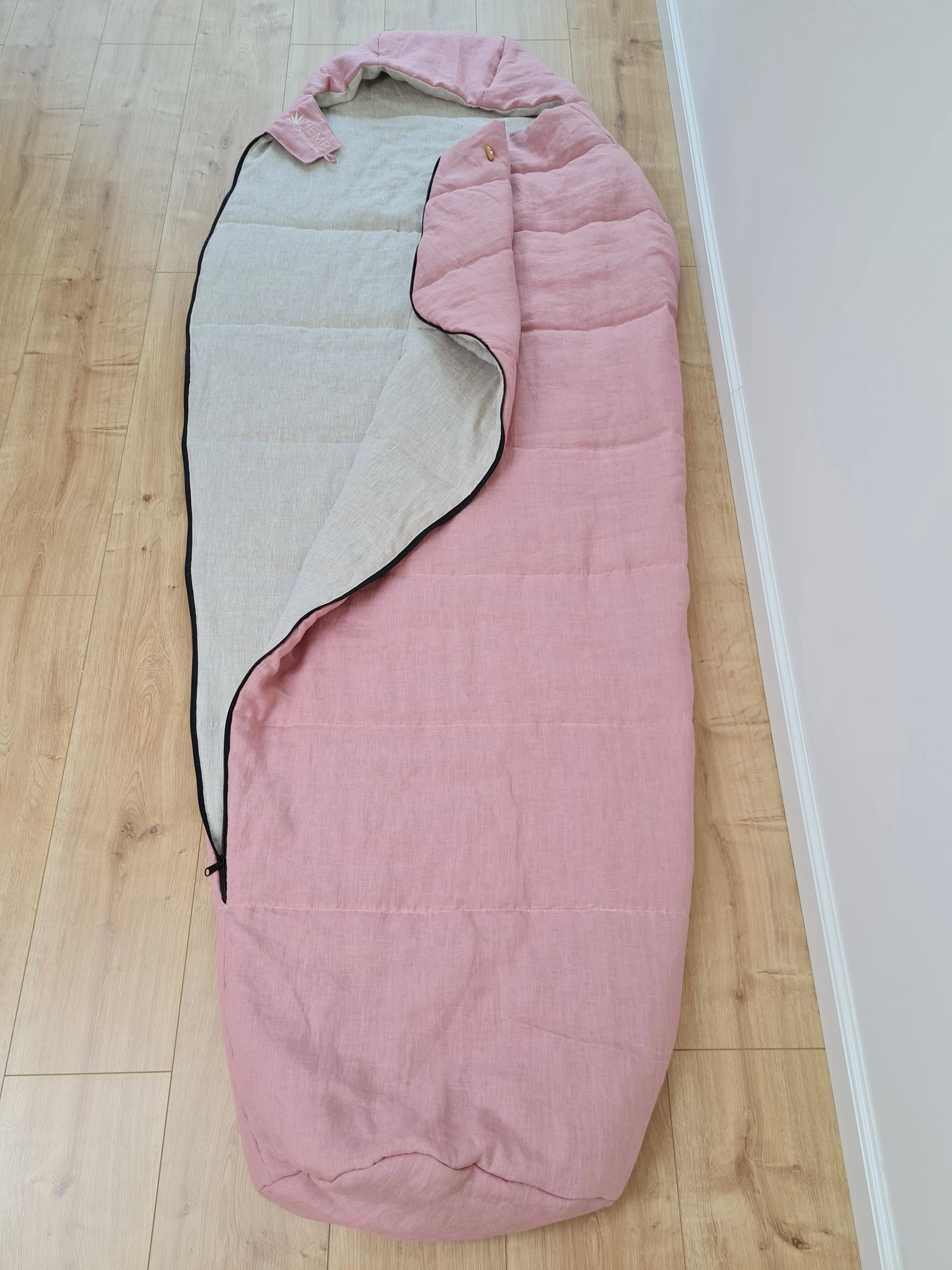 HEMP natural Sleeping bag with hood organic hemp fiber filling inside in linen non-dyed   pink fabric hand made