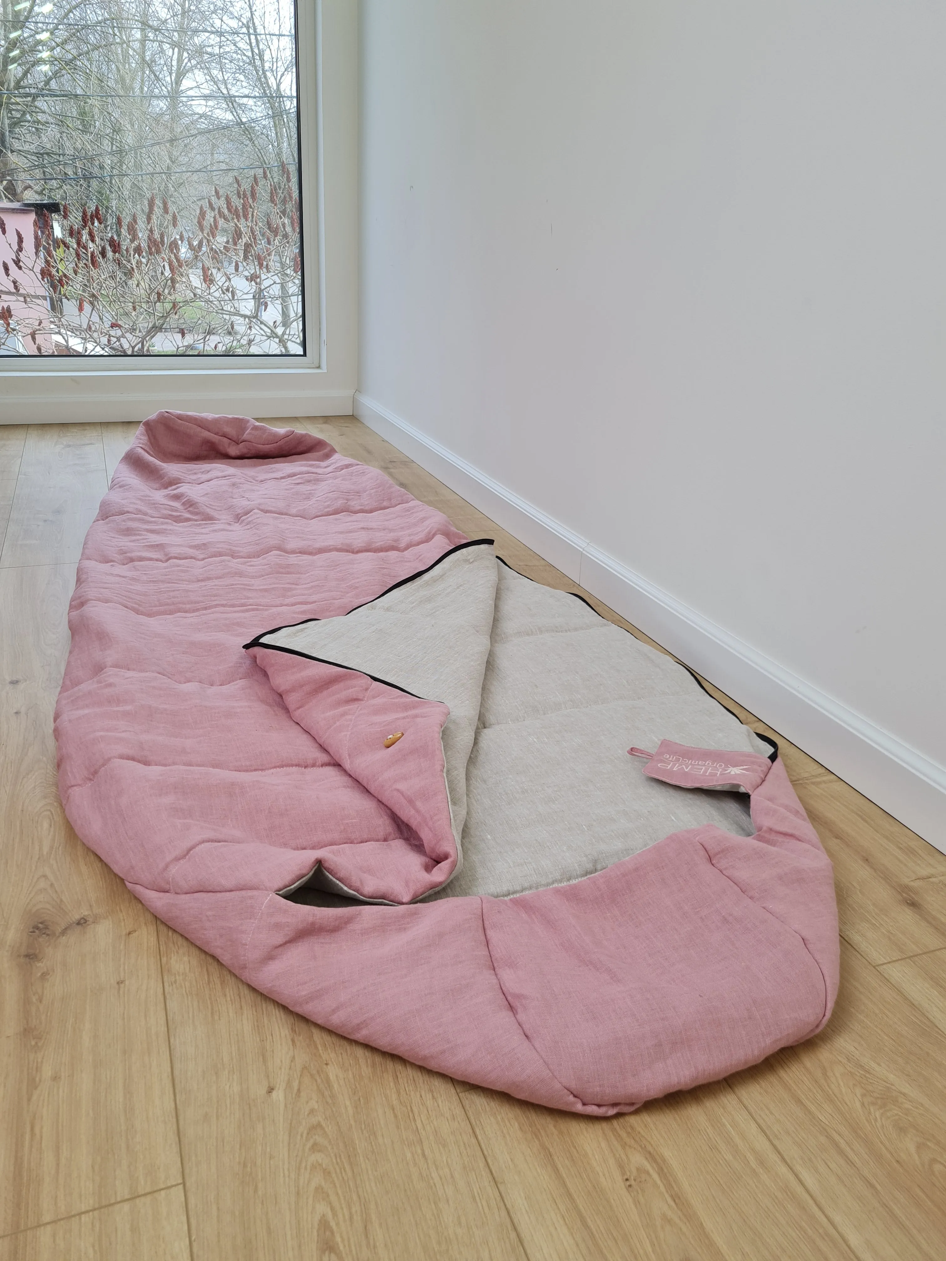 HEMP natural Sleeping bag with hood organic hemp fiber filling inside in linen non-dyed   pink fabric hand made