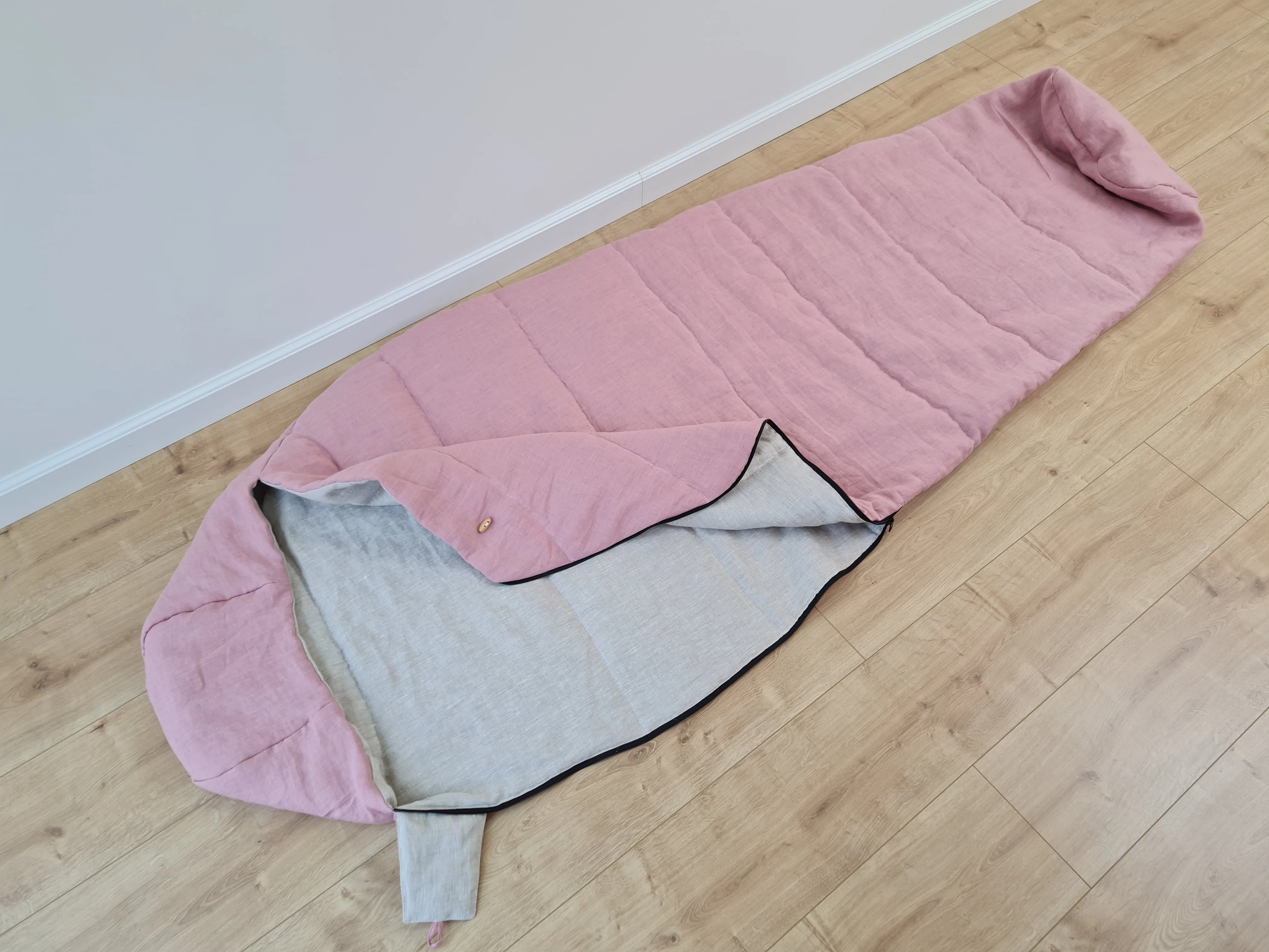 HEMP natural Sleeping bag with hood organic hemp fiber filling inside in linen non-dyed   pink fabric hand made