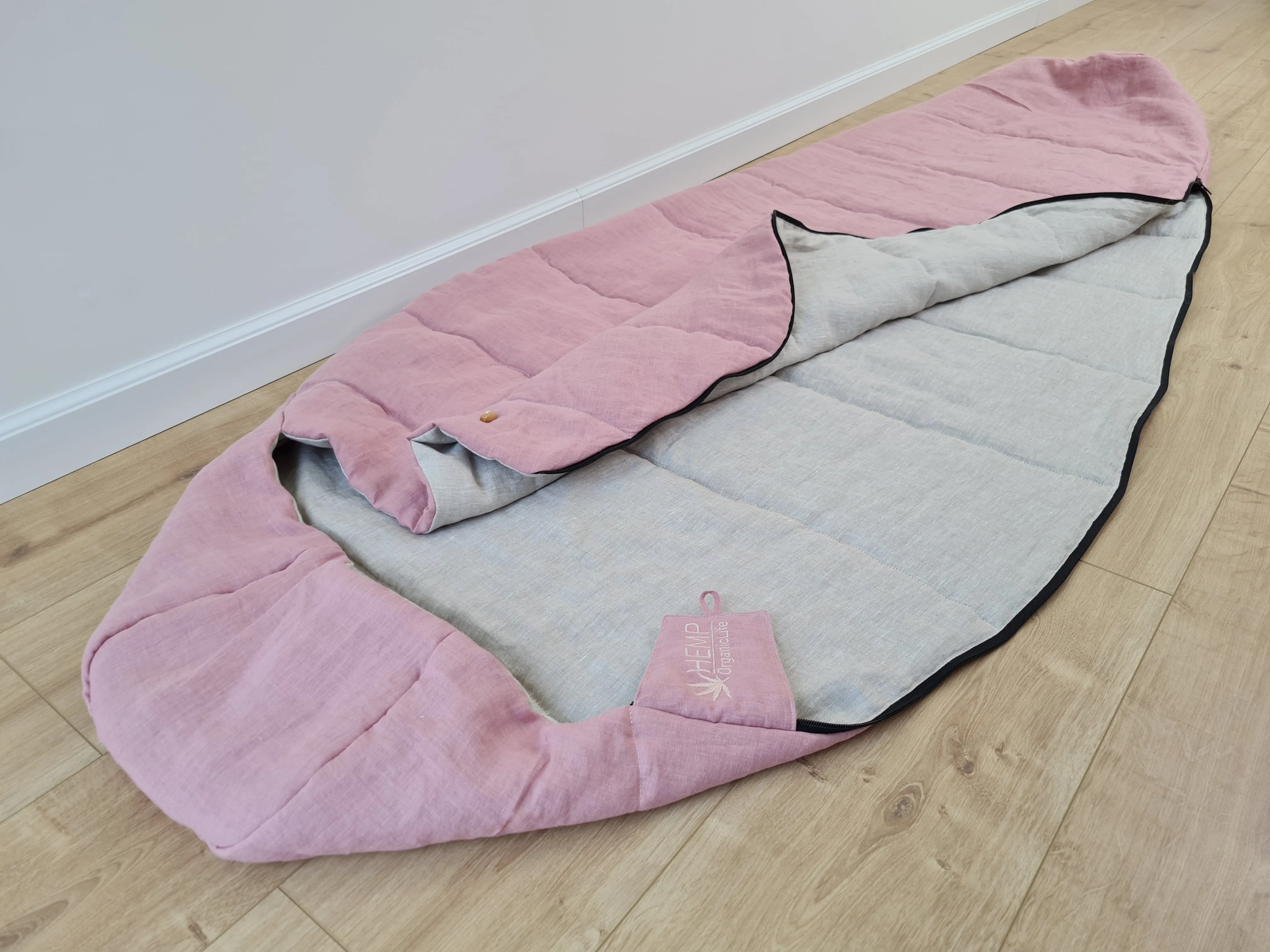 HEMP natural Sleeping bag with hood organic hemp fiber filling inside in linen non-dyed   pink fabric hand made