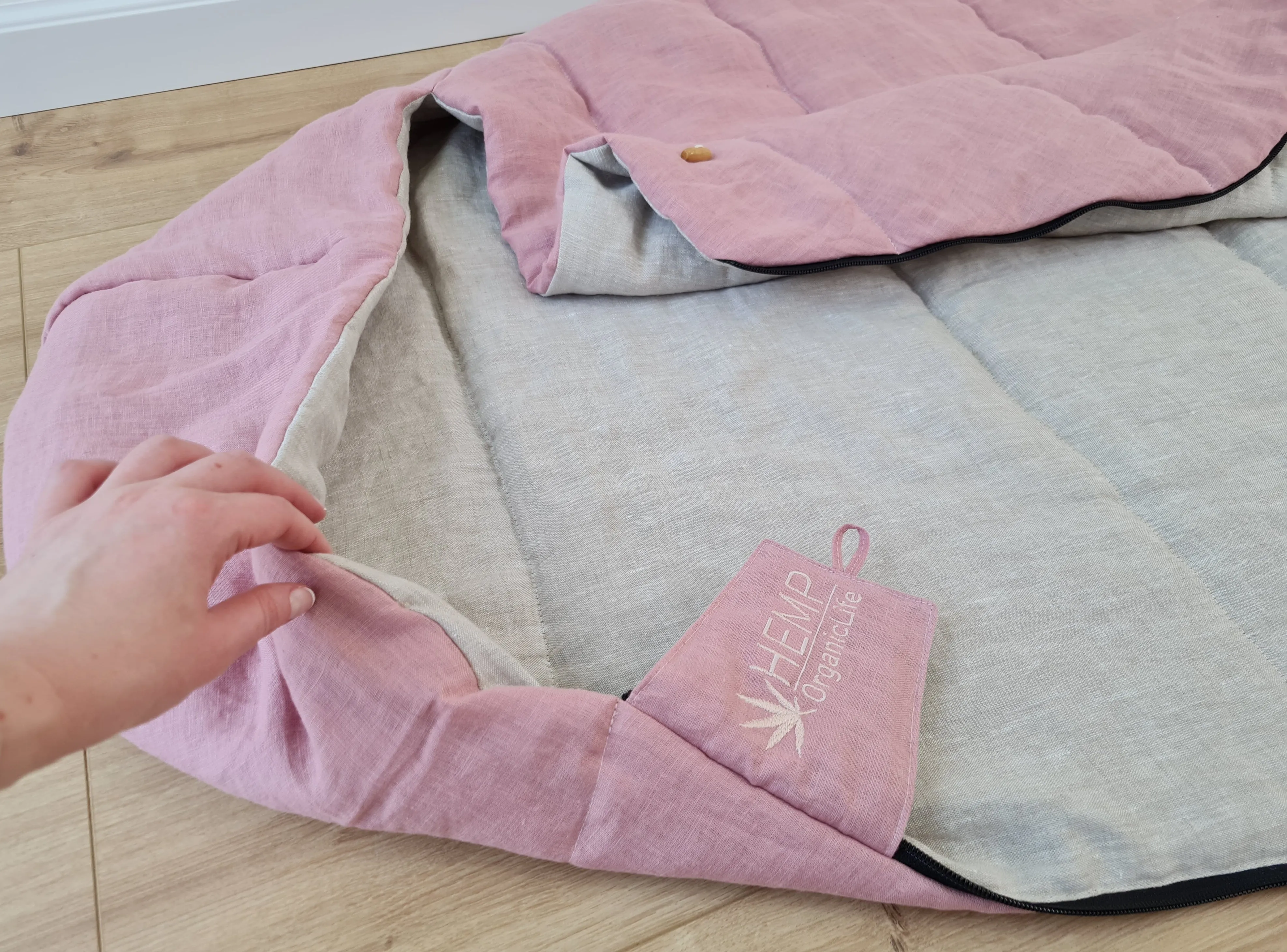 HEMP natural Sleeping bag with hood organic hemp fiber filling inside in linen non-dyed   pink fabric hand made