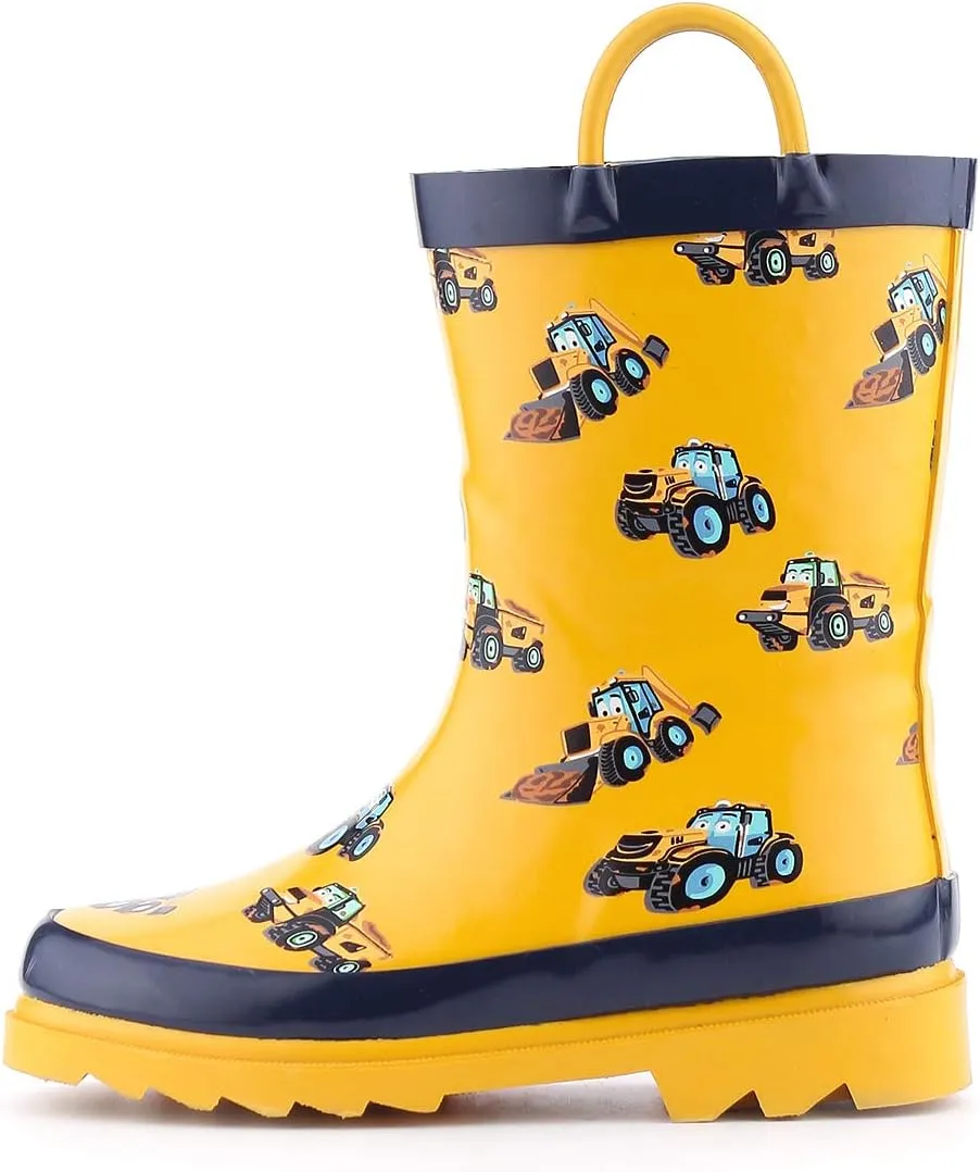 K KomForme Toddler Boy Rubber Rain Boots,Waterproof with Easy-on Handles,Yellow Car,Size 5M