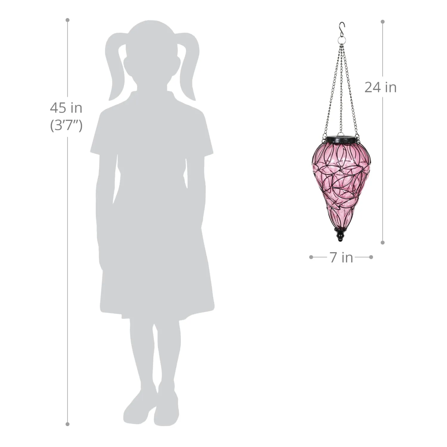 Solar Tear Shaped Lavender Hand Blown Glass Hanging Lantern with Fifteen Cool White LED lights, 7 by 24 Inches