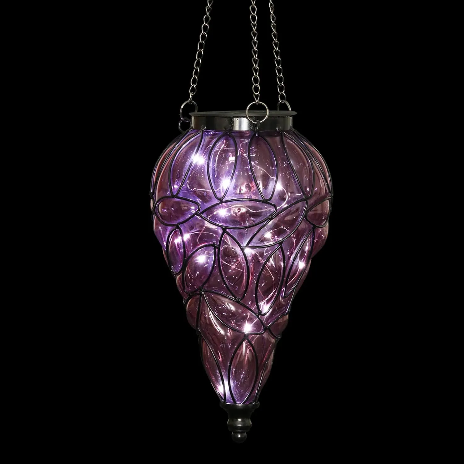 Solar Tear Shaped Lavender Hand Blown Glass Hanging Lantern with Fifteen Cool White LED lights, 7 by 24 Inches