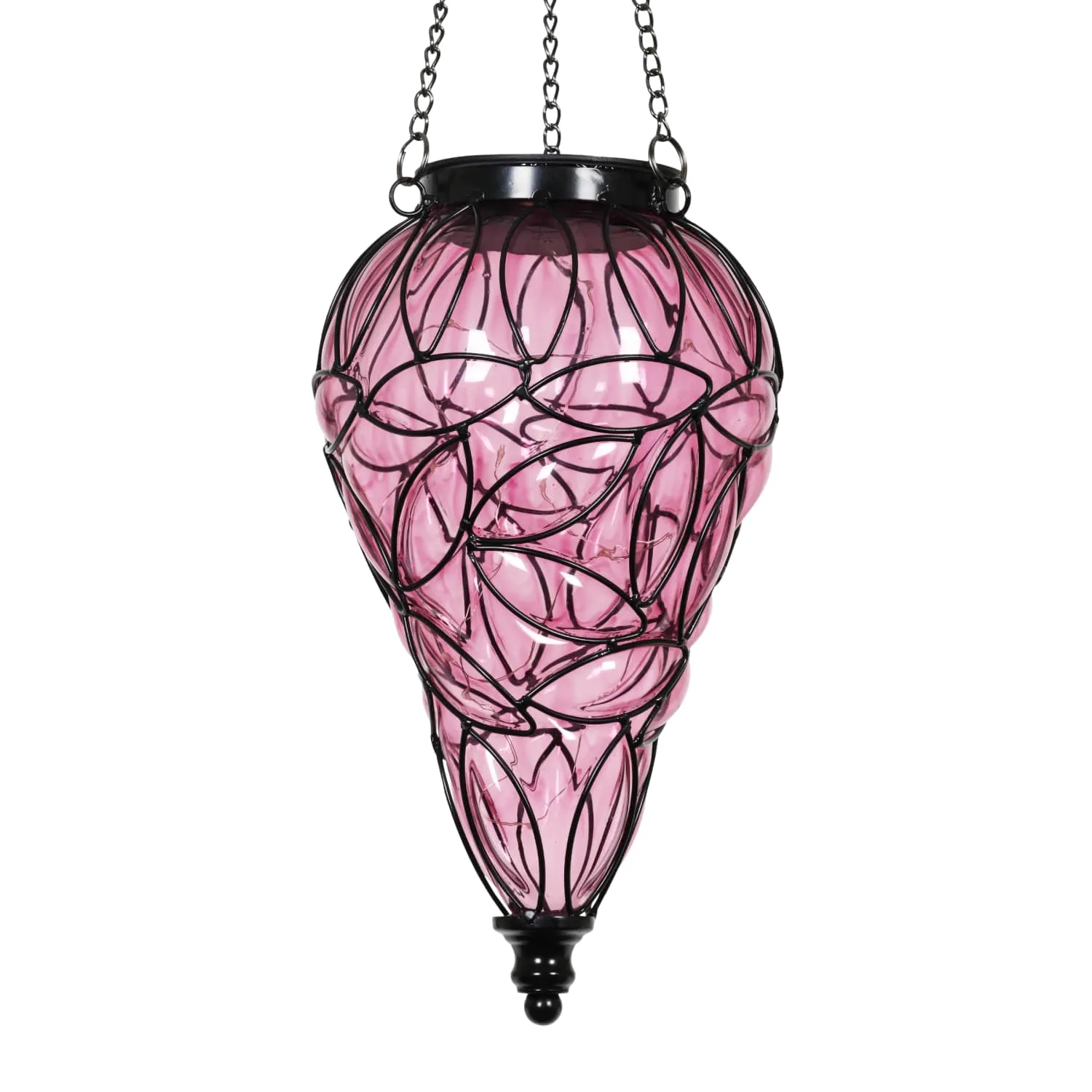 Solar Tear Shaped Lavender Hand Blown Glass Hanging Lantern with Fifteen Cool White LED lights, 7 by 24 Inches
